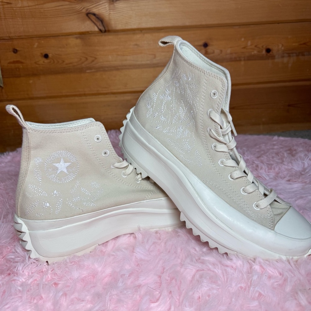 Converse Mens 10.5 Cream High-Top Sneakers platform embroidered Hike Run